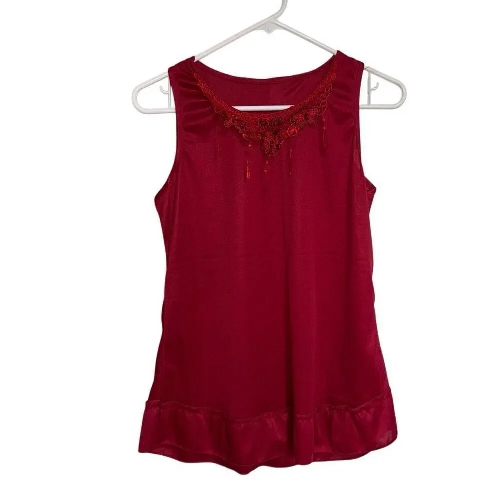 Vintage 1990s Nylon Pajama Sleep Short Set- Rose Red W/ Butterfly Embroidery S/M
